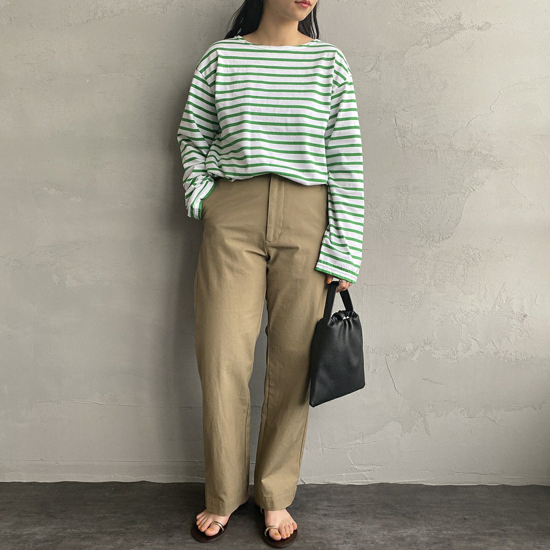 THE SHINZONE [ザ シンゾーン] マリンボーダーTシャツ [19SMSCU93] 75 GREEN &&モデル身長：156cm 着用サイズ：F0&&