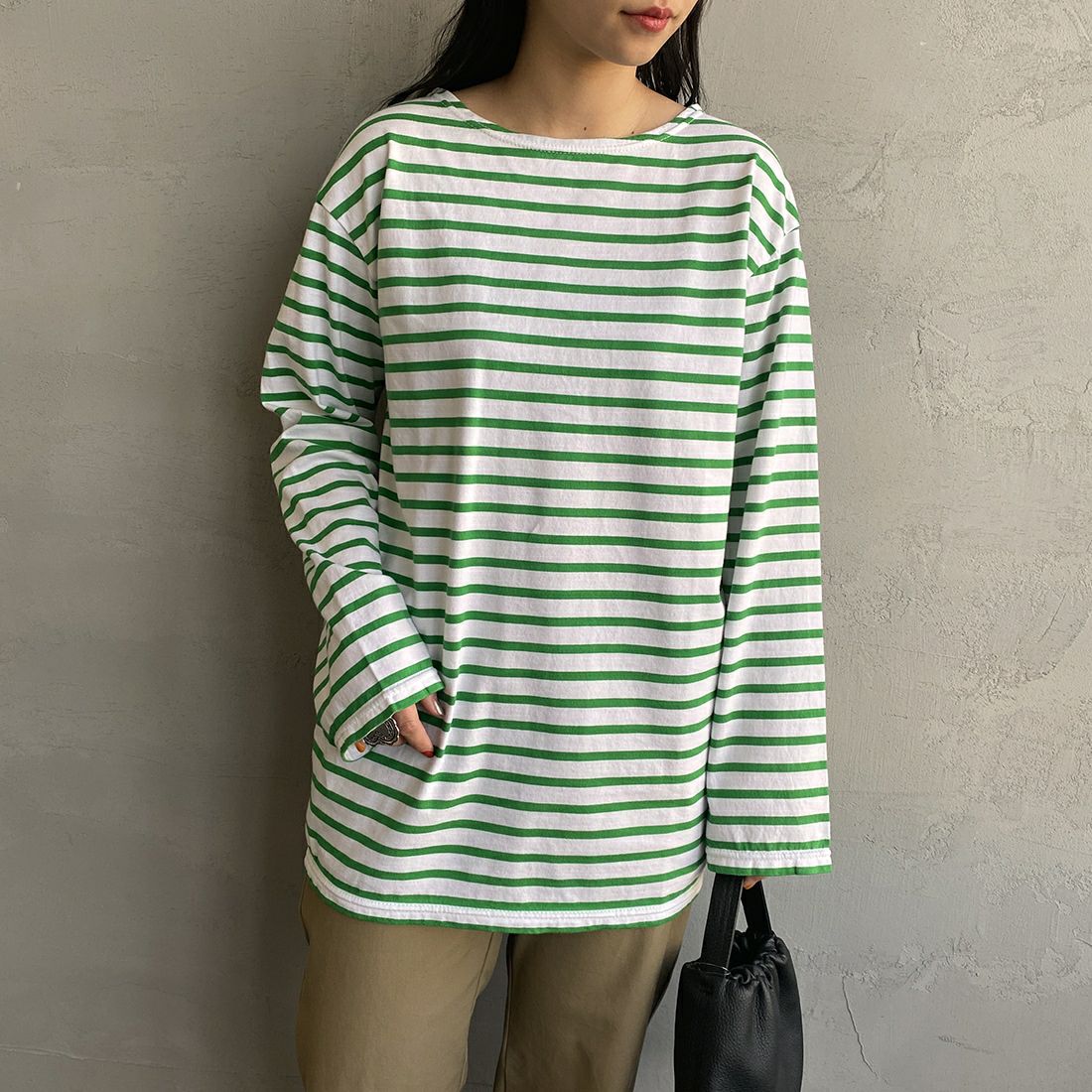 THE SHINZONE [ザ シンゾーン] マリンボーダーTシャツ [19SMSCU93] 75 GREEN &&モデル身長：156cm 着用サイズ：F0&&