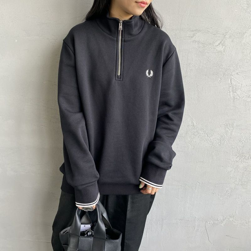 OUTLET SALE フレッドペリー FRED PERRY 黒 デカロゴ ハーフジップ 