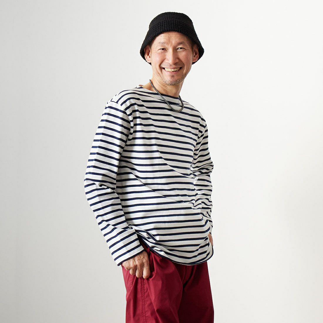 ST.JAMES [セントジェームス] バスクボーダーロングスリーブTシャツ [OUESSANT] NEI/MAR&&モデル身長：176cm 着用サイズ：6&&