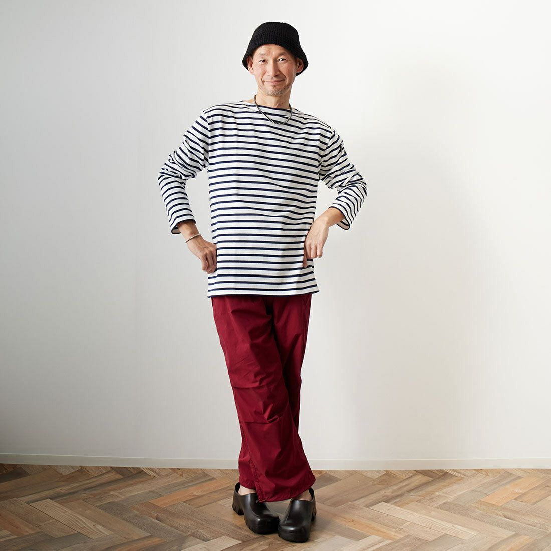 ST.JAMES [セントジェームス] バスクボーダーロングスリーブTシャツ [OUESSANT] NEI/MAR&&モデル身長：176cm 着用サイズ：6&&