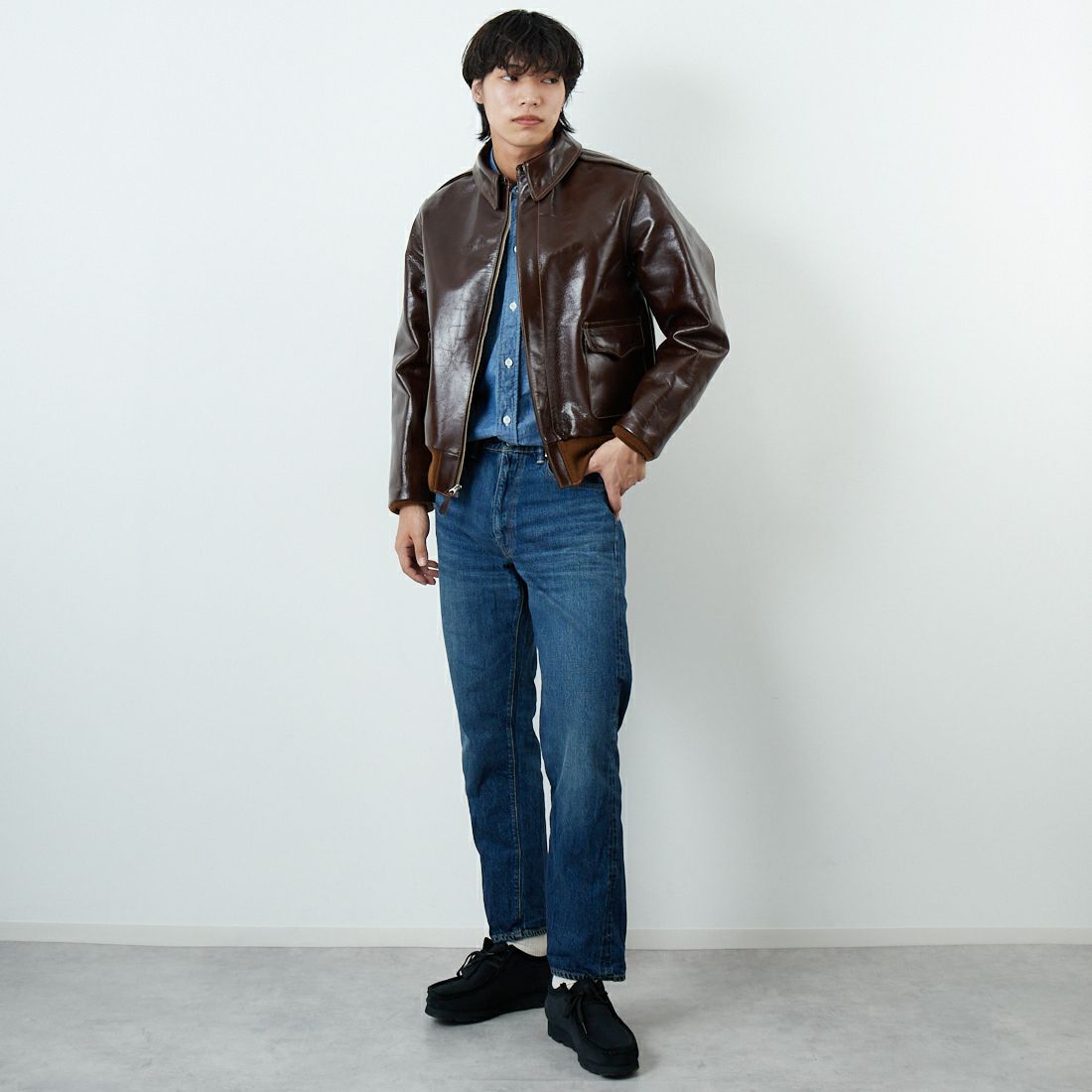 WAREHOUSE [ウエアハウス] 2ND-HAND デニムパンツ(USED WASH) [1105] D U/W (USED WASH 濃)&&モデル身長：179cm 着用サイズ：32&&