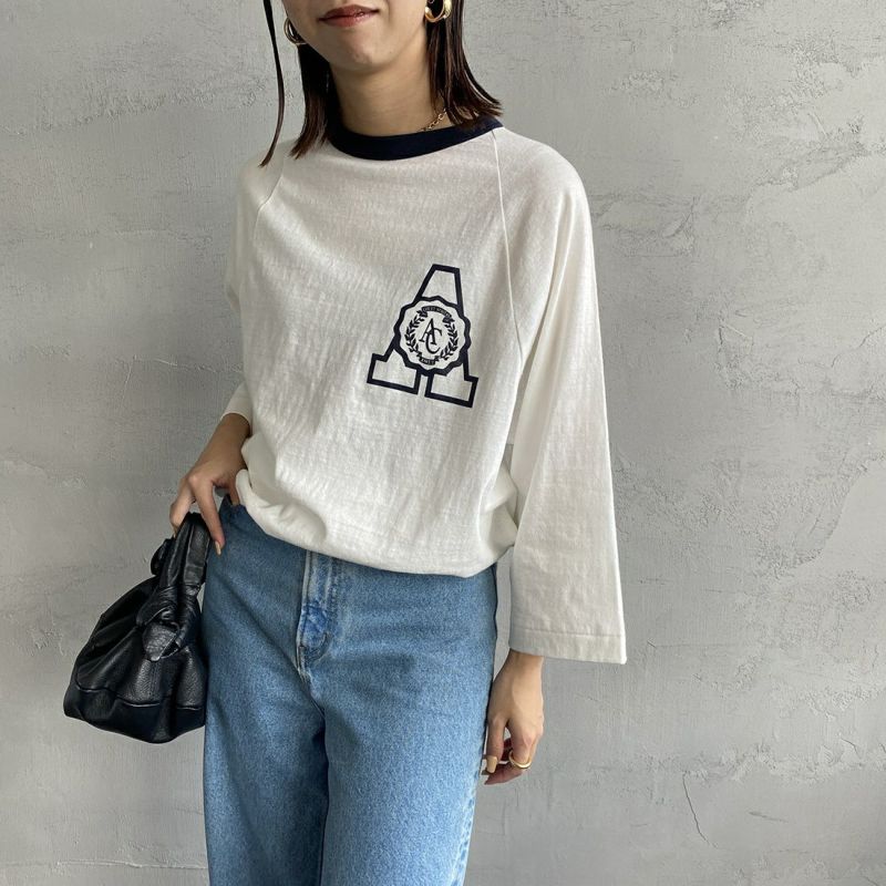 Americana × JEANS FACTORY [アメリカーナ × ジーンズファクトリー] 別注 7分袖 配色ラグランスリーブプリントTシャツ [ASO-616-1-JF] OFF/NVY &&モデル身長：163cm 着用サイズ：ONE SIZE&&
