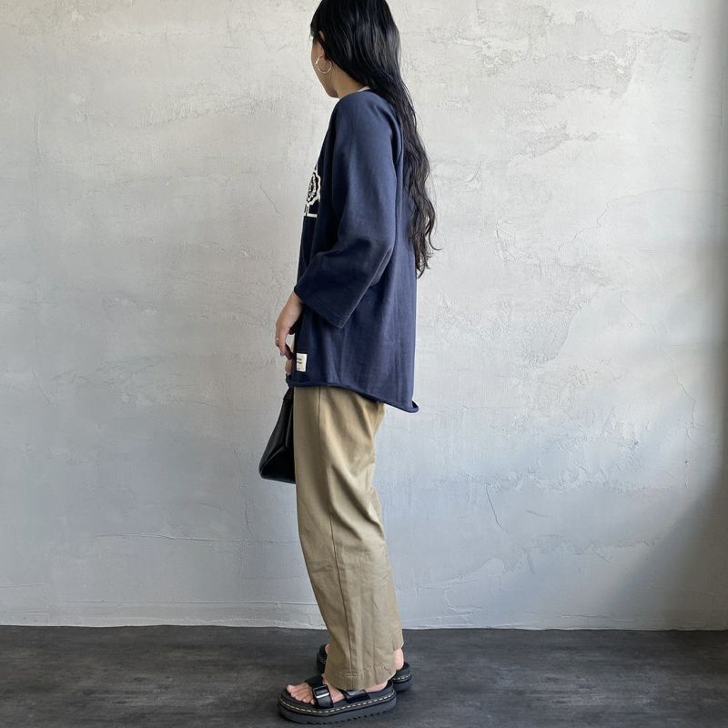 Americana × JEANS FACTORY [アメリカーナ × ジーンズファクトリー] 別注 7分袖 配色ラグランスリーブプリントTシャツ [ASO-616-1-JF] NVY/OFF &&モデル身長：156cm 着用サイズ：ONE SIZE&&