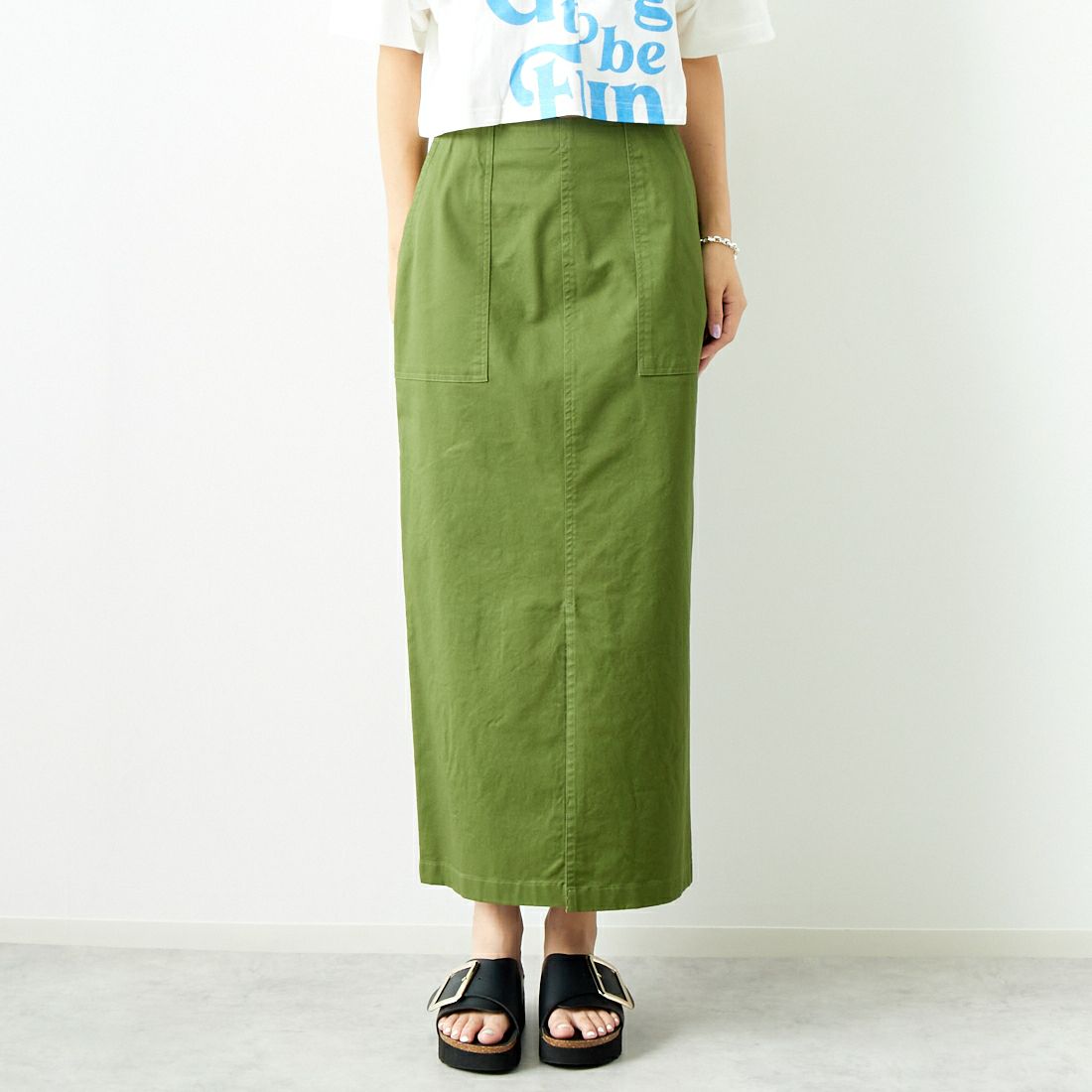 Jeans Factory Clothes [ジーンズファクトリークローズ] コットンストレッチタイトベイカースカート [ISJF-01] KHAKI &&モデル身長：167cm 着用サイズ：40&&