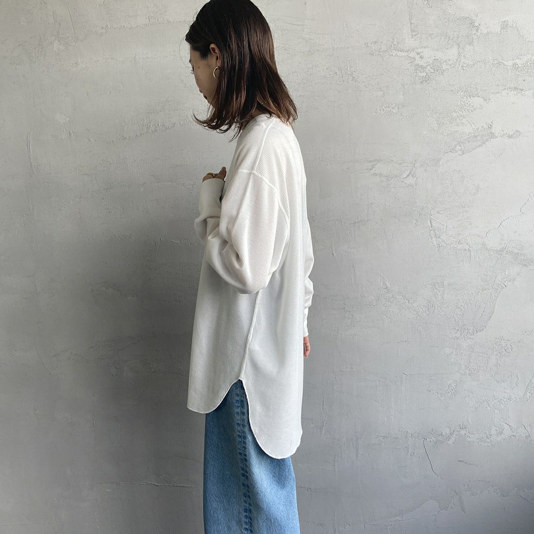 Health knit [ヘルスニット] 別注 ワッフルボーダー クルーネックTシャツ [H2202W001IN-JF] WHITE &&モデル身長：163cm 着用サイズ：F&&