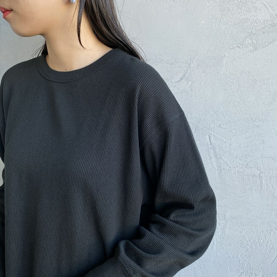 Health knit [ヘルスニット] 別注 ワッフルボーダー クルーネックTシャツ [H2202W001IN-JF] BLACK