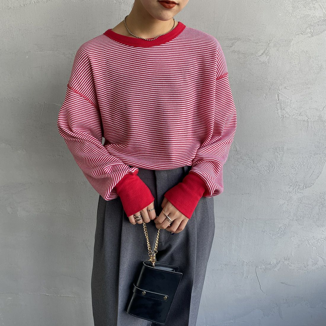 Health knit [ヘルスニット] 別注 ワッフルボーダー クルーネックTシャツ [H2202W001IN-JF] RED/OFF &&モデル身長：156cm 着用サイズ：F&&