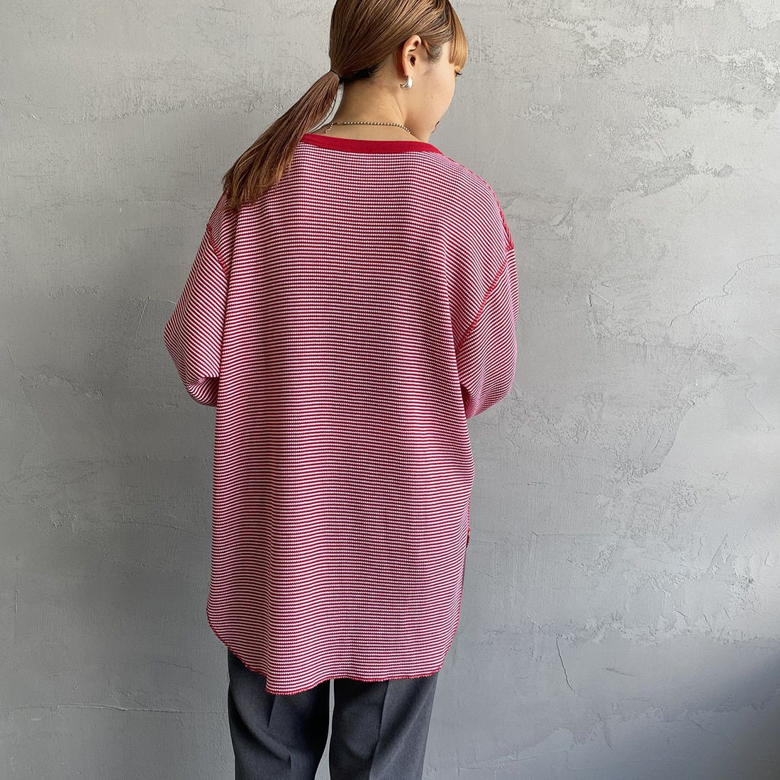 Health knit [ヘルスニット] 別注 ワッフルボーダー クルーネックTシャツ [H2202W001IN-JF] RED/OFF &&モデル身長：156cm 着用サイズ：F&&