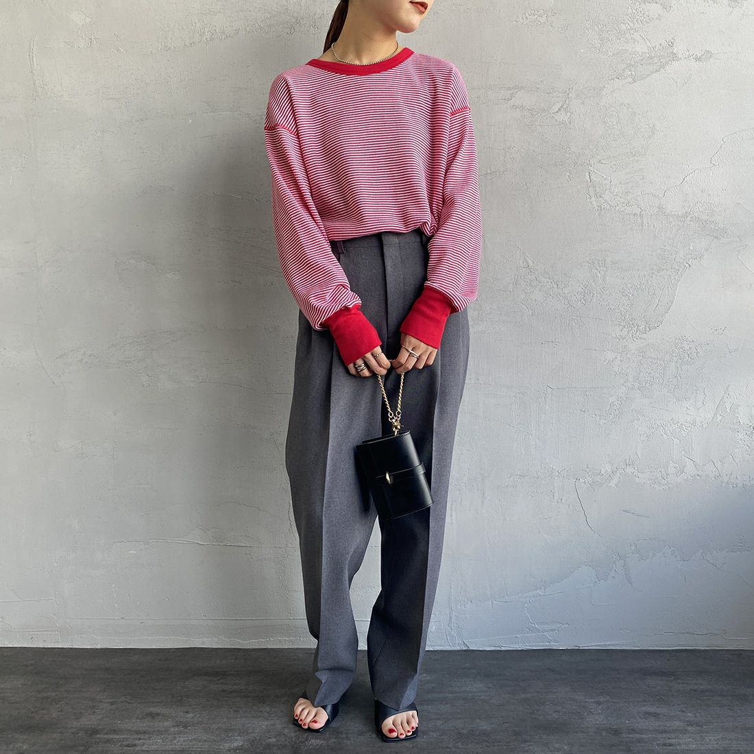 Health knit [ヘルスニット] 別注 ワッフルボーダー クルーネックTシャツ [H2202W001IN-JF] RED/OFF &&モデル身長：156cm 着用サイズ：F&&