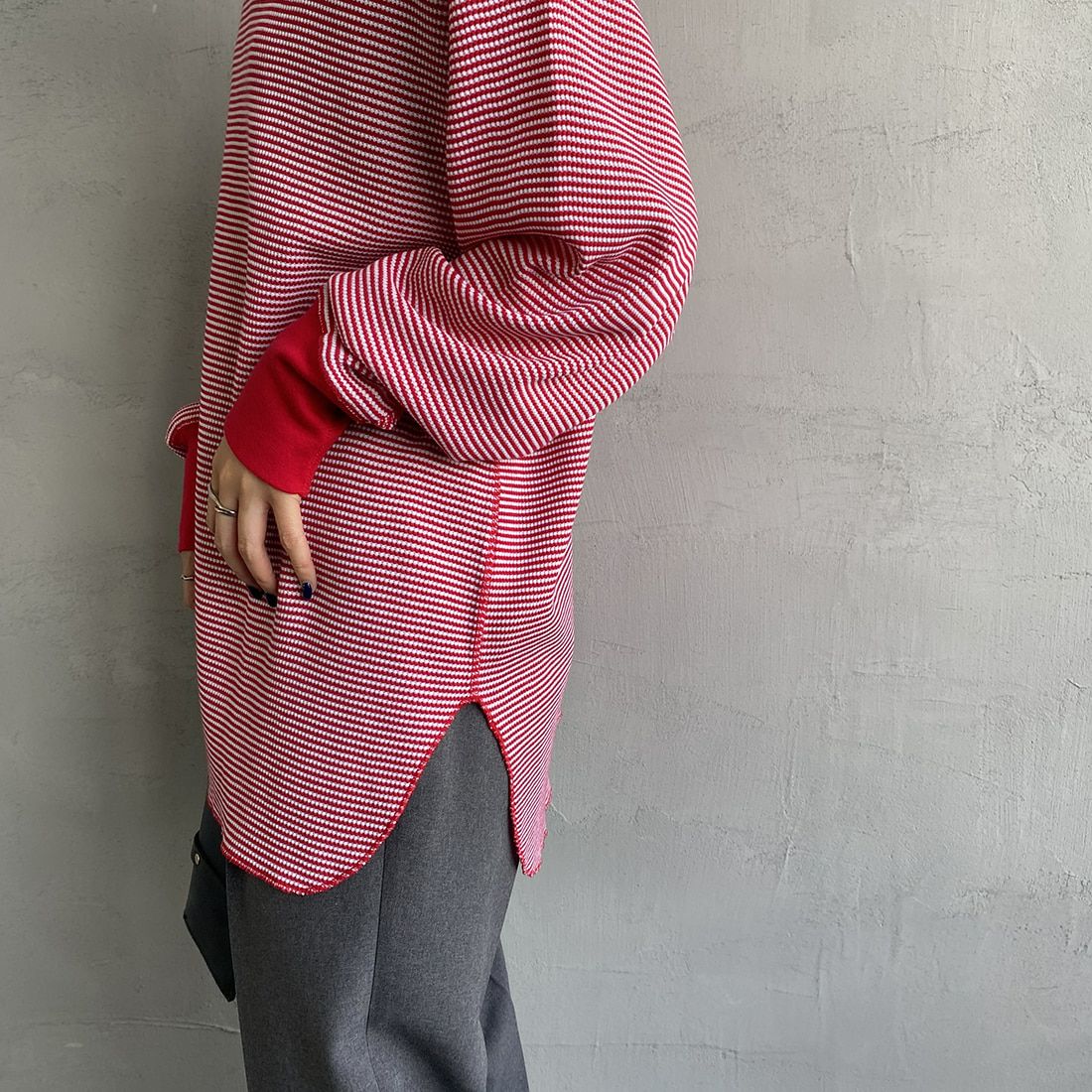 Health knit [ヘルスニット] 別注 ワッフルボーダー クルーネックTシャツ [H2202W001IN-JF] RED/OFF &&モデル身長：156cm 着用サイズ：F&&