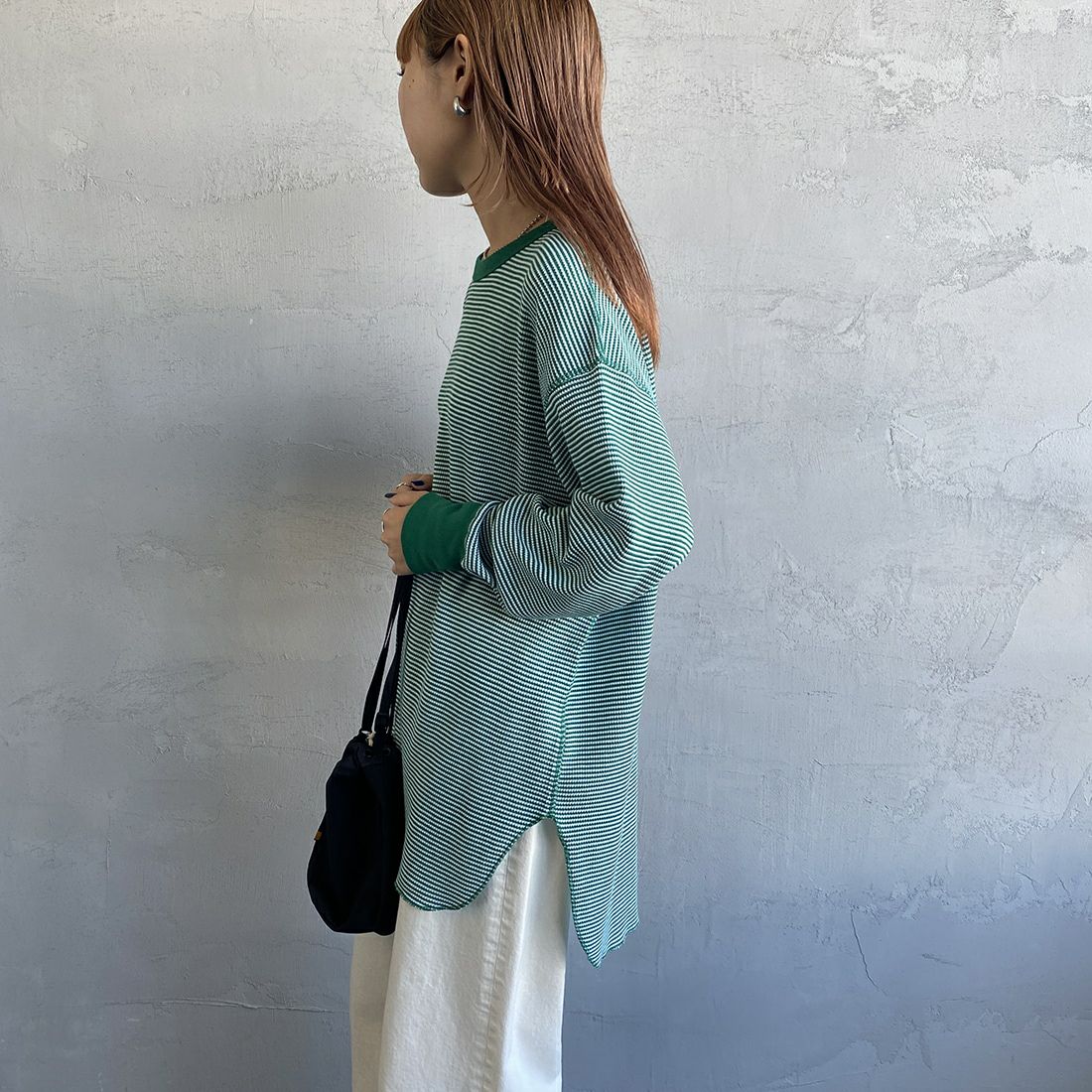 Health knit [ヘルスニット] 別注 ワッフルボーダー クルーネックTシャツ [H2202W001IN-JF] GRN/OFF &&モデル身長：156cm 着用サイズ：F&&