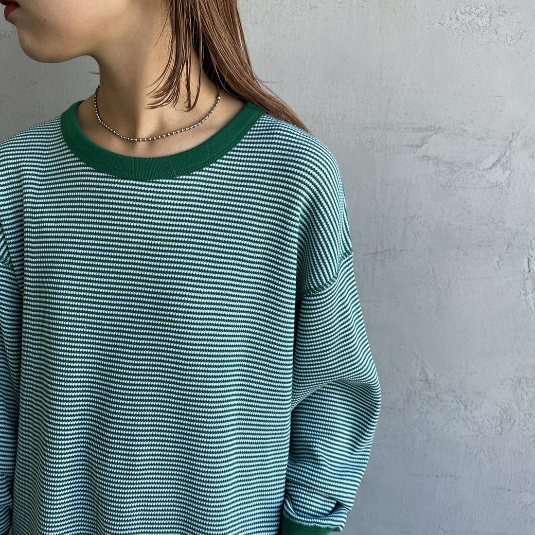 Health knit [ヘルスニット] 別注 ワッフルボーダー クルーネックTシャツ [H2202W001IN-JF] GRN/OFF