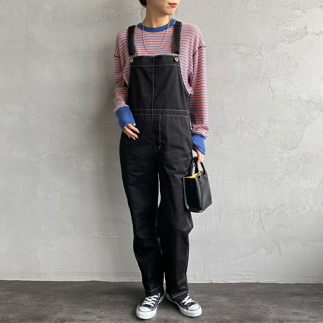 Health knit [ヘルスニット] 別注 ワッフルボーダー クルーネックTシャツ [H2202W001IN-JF] MULTI &&モデル身長：165cm 着用サイズ：F&&