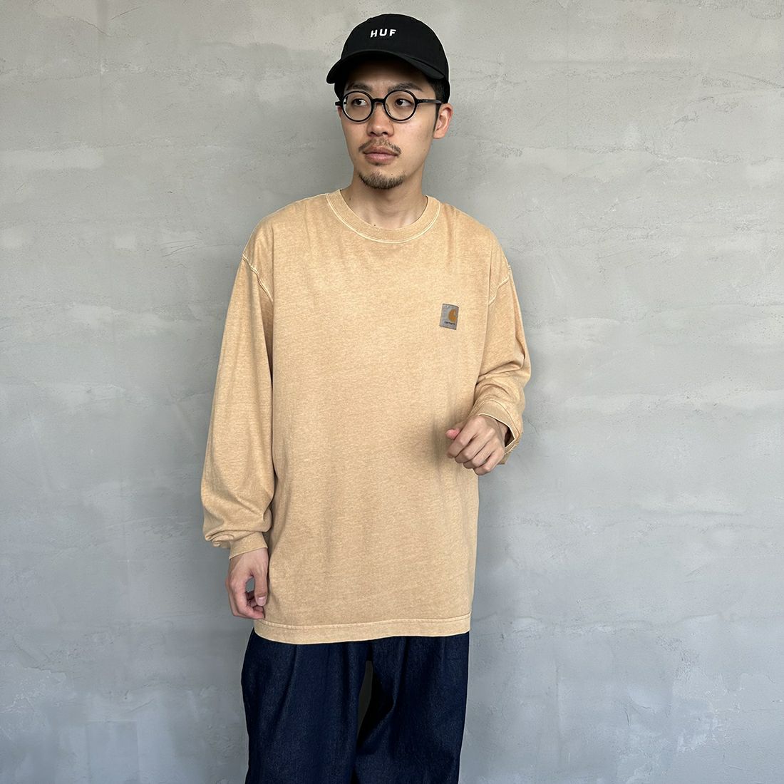 carhartt WIP [カーハートダブリューアイピー] ロングスリーブネルソンTシャツ [I029948] DUSTY H B &&モデル身長：168cm 着用サイズ：M&&