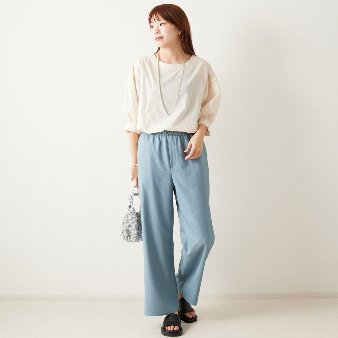 Jeans Factory Clothes [ジーンズファクトリークローズ] 杢調タンブラーツイルワイドパンツ [J-4402] 610 ﾌﾞﾙｰ &&モデル身長：167cm 着用サイズ：38&&