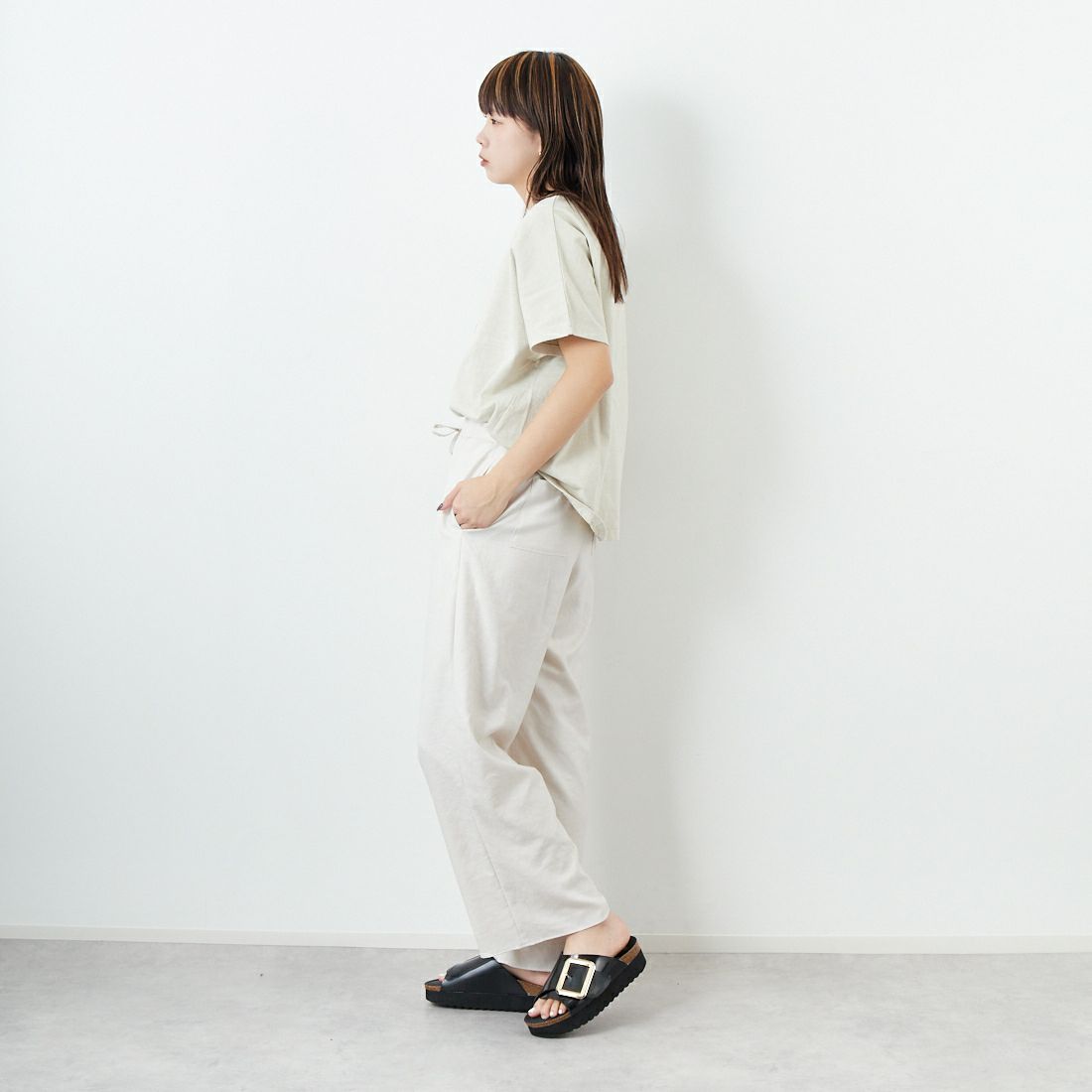 Jeans Factory Clothes [ジーンズファクトリークローズ] 杢調タンブラーツイルワイドパンツ [J-4402] 120 ｵﾌﾎﾜｲﾄ &&モデル身長：167cm 着用サイズ：38&&