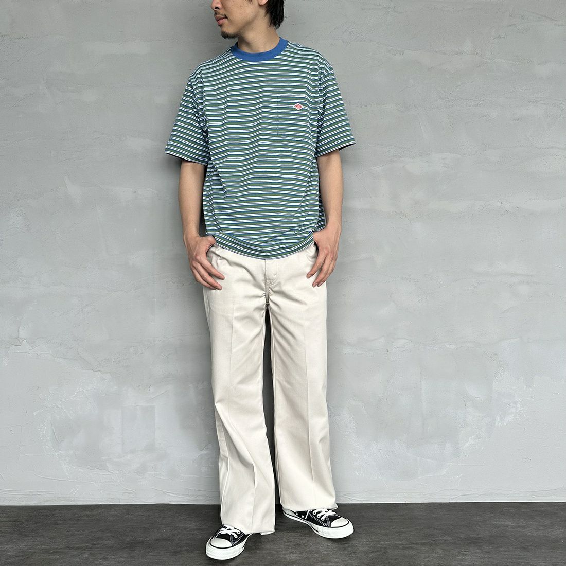 DANTON [ダントン] 半袖ポケットTシャツ [DT-C0198TCB] NAVY/GREEN &&モデル身長：173cm 着用サイズ：M&&