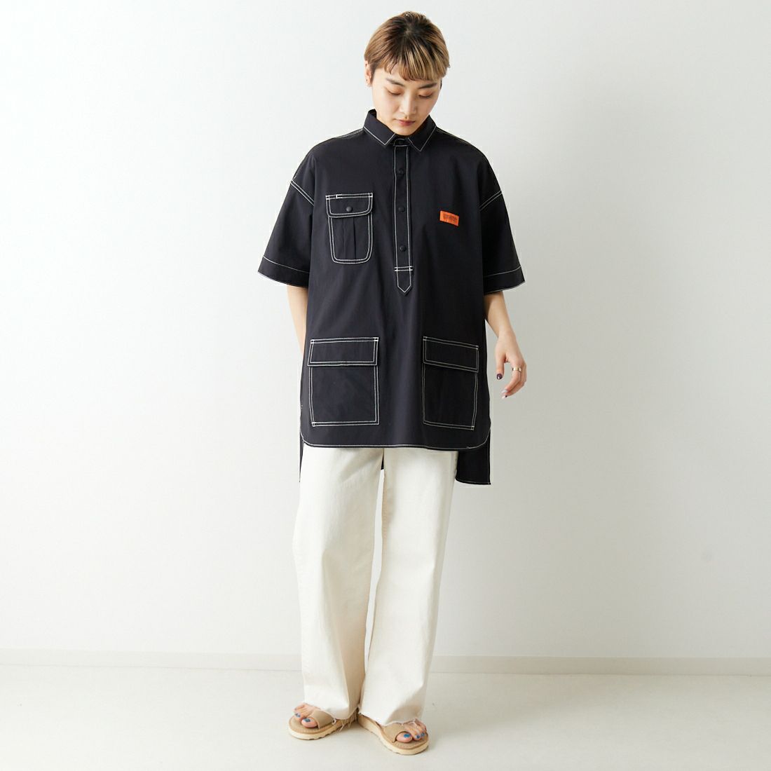 UNIVERSAL OVERALL [ユニバーサルオーバーオール] 別注 MAKINO ガーデナーシャツジャケット [U2312806IN-JF] BLACK &&モデル身長：160cm 着用サイズ：F&&