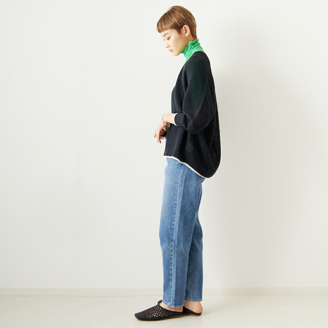 Jeans Factory Clothes [ジーンズファクトリークローズ] ホールガーメント配色カーディガン [113-1987] NVY/NAT &&モデル身長：160cm 着用サイズ：F&&