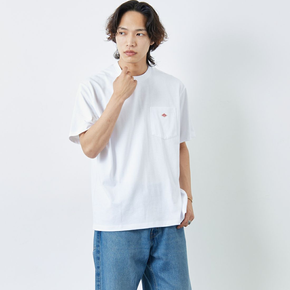 DANTON [ダントン] ソリッド ポケットTシャツ [DT-C0198TCB] WHITE &&モデル身長：179cm 着用サイズ：XL&&