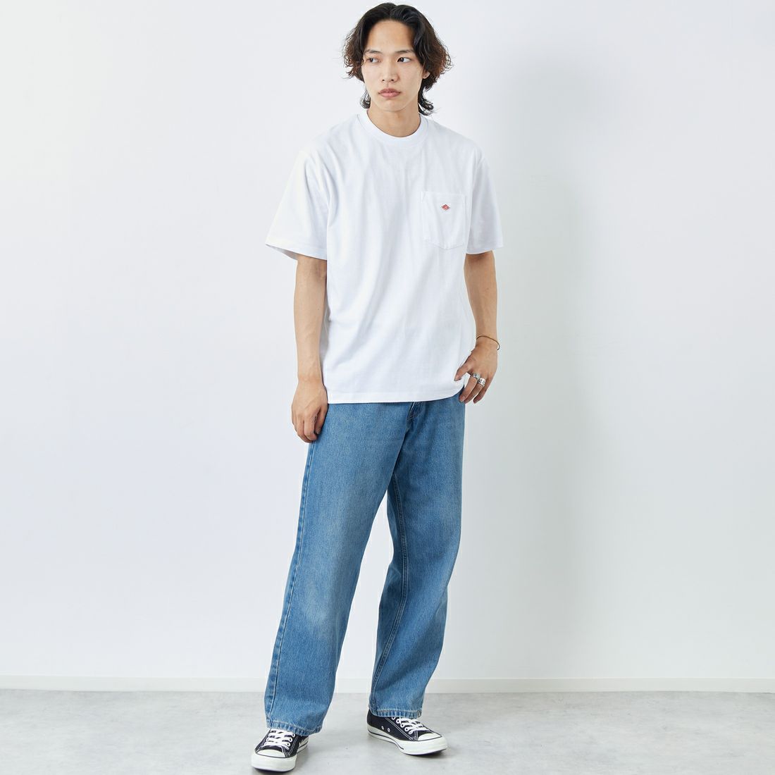 DANTON [ダントン] ソリッド ポケットTシャツ [DT-C0198TCB] WHITE &&モデル身長：179cm 着用サイズ：XL&&