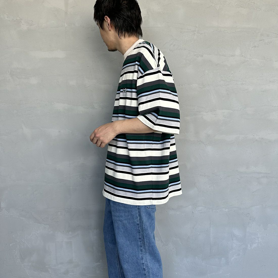 THE FOX [ザフォックス] 別注 ワンポイントロゴ ボーダーTシャツ [PN23S011-JF] GREEN &&モデル身長：173cm 着用サイズ：L&&