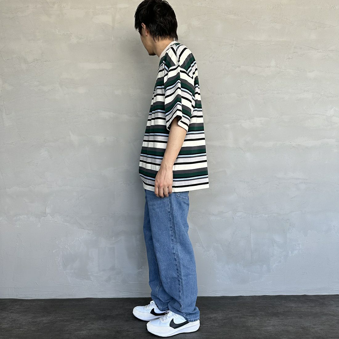THE FOX [ザフォックス] 別注 ワンポイントロゴ ボーダーTシャツ [PN23S011-JF] GREEN &&モデル身長：173cm 着用サイズ：L&&