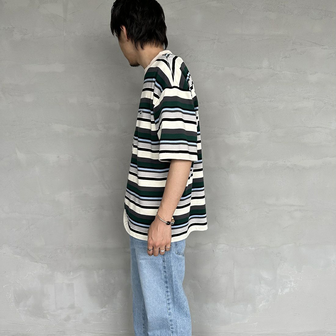 THE FOX [ザフォックス] 別注 ワンポイントロゴ ボーダーTシャツ [PN23S011-JF] GREEN &&モデル身長：173cm 着用サイズ：M&&