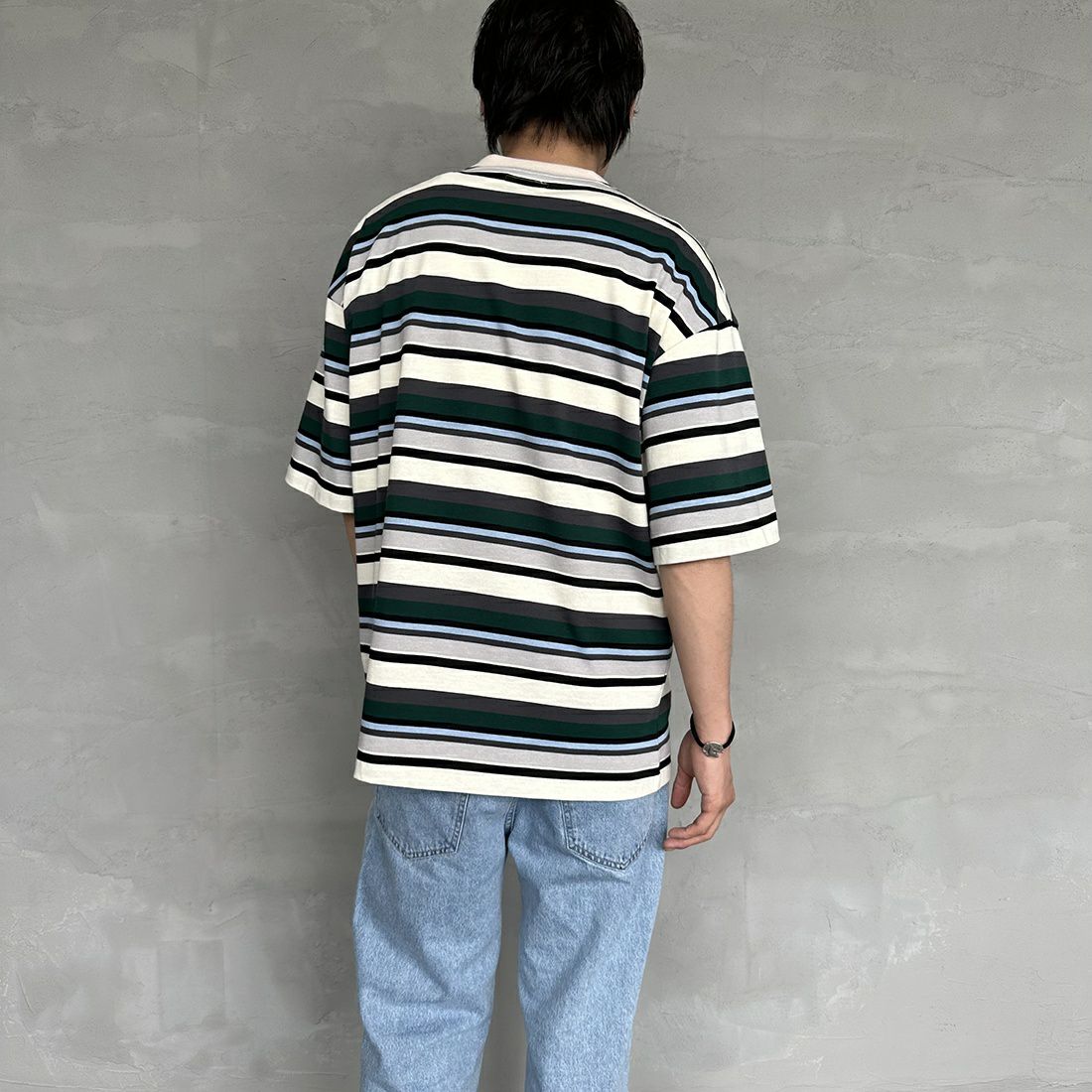 THE FOX [ザフォックス] 別注 ワンポイントロゴ ボーダーTシャツ [PN23S011-JF] GREEN &&モデル身長：173cm 着用サイズ：M&&
