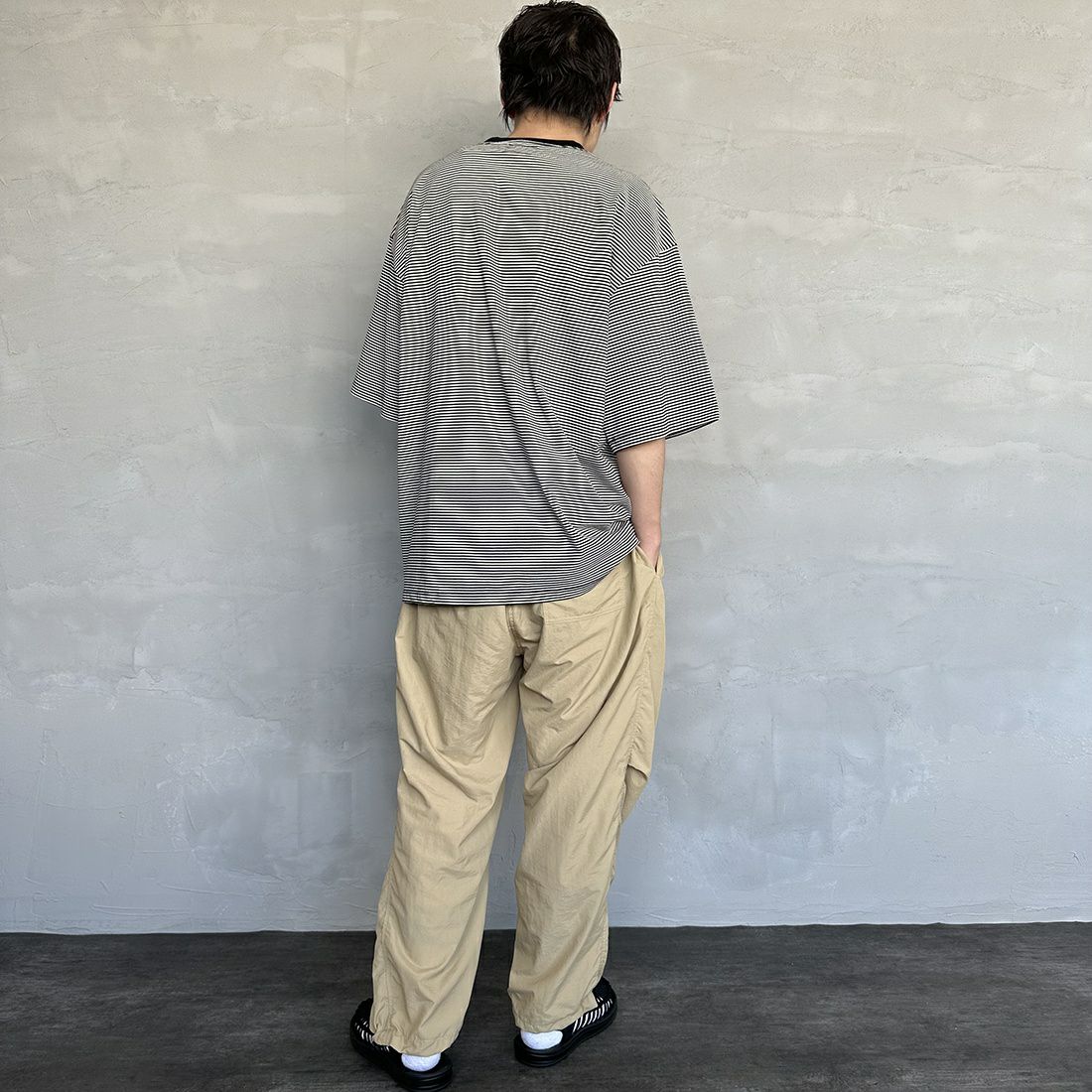 THE FOX [ザフォックス] 別注 ワンポイントロゴ ボーダーTシャツ [PN23S011-JF] BLACK &&モデル身長：173cm 着用サイズ：L&&
