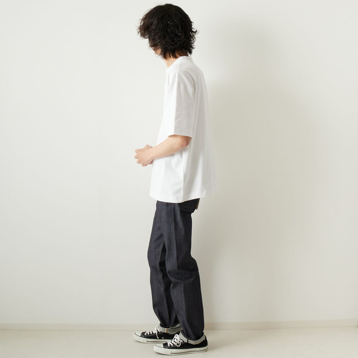 Health knit [ヘルスニット] 別注 ビックシルエット ヘンリーネックTシャツ [HR2301M011-JF] WHITE &&モデル身長：182cm 着用サイズ：L&&