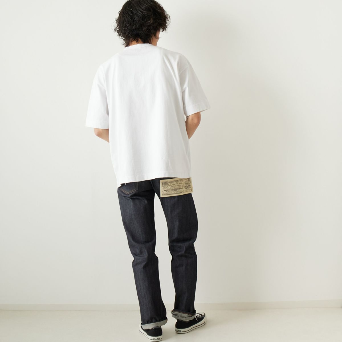Health knit [ヘルスニット] 別注 ビックシルエット ヘンリーネックTシャツ [HR2301M011-JF] WHITE &&モデル身長：182cm 着用サイズ：L&&