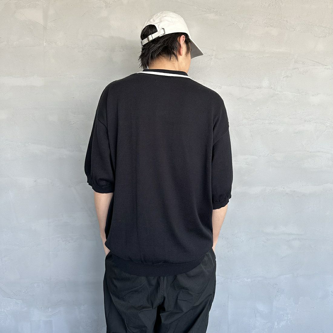 THE FOX [ザフォックス] 別注 ラインポロシャツ [PN23S014-JF] BLACK &&モデル身長：173cm 着用サイズ：L&&