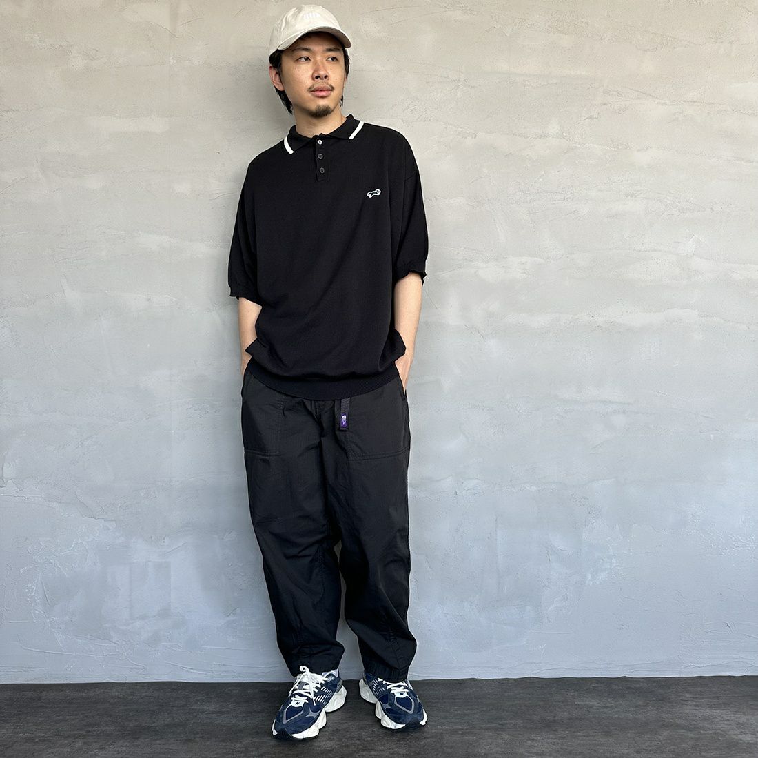 THE FOX [ザフォックス] 別注 ラインポロシャツ [PN23S014-JF] BLACK &&モデル身長：173cm 着用サイズ：L&&