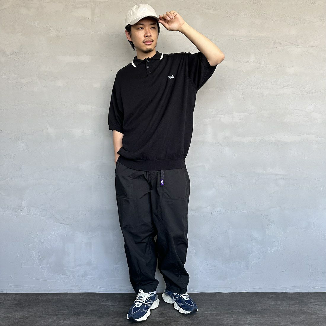 THE FOX [ザフォックス] 別注 ラインポロシャツ [PN23S014-JF] BLACK &&モデル身長：173cm 着用サイズ：L&&