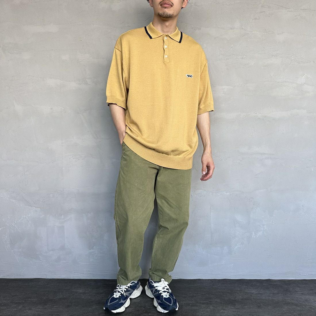 THE FOX [ザフォックス] 別注 ラインポロシャツ [PN23S014-JF] BEIGE &&モデル身長：168cm 着用サイズ：M&&
