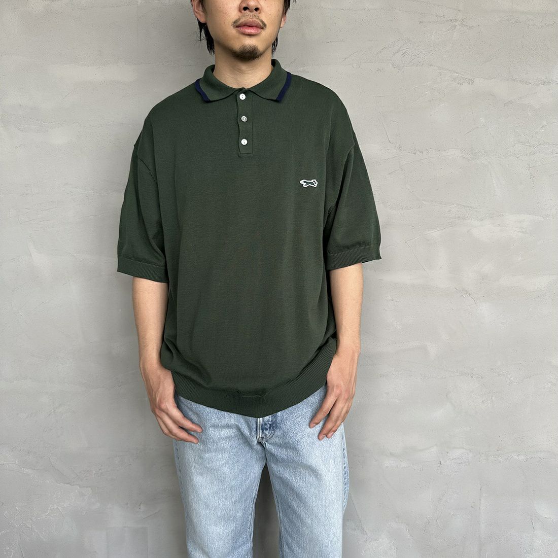 THE FOX [ザフォックス] 別注 ラインポロシャツ [PN23S014-JF] GREEN &&モデル身長：173cm 着用サイズ：L&&