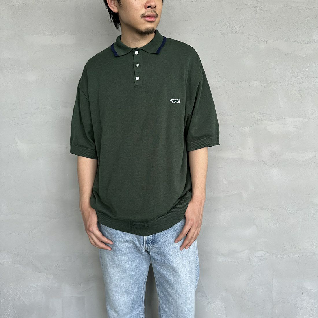 THE FOX [ザフォックス] 別注 ラインポロシャツ [PN23S014-JF] GREEN &&モデル身長：173cm 着用サイズ：L&&