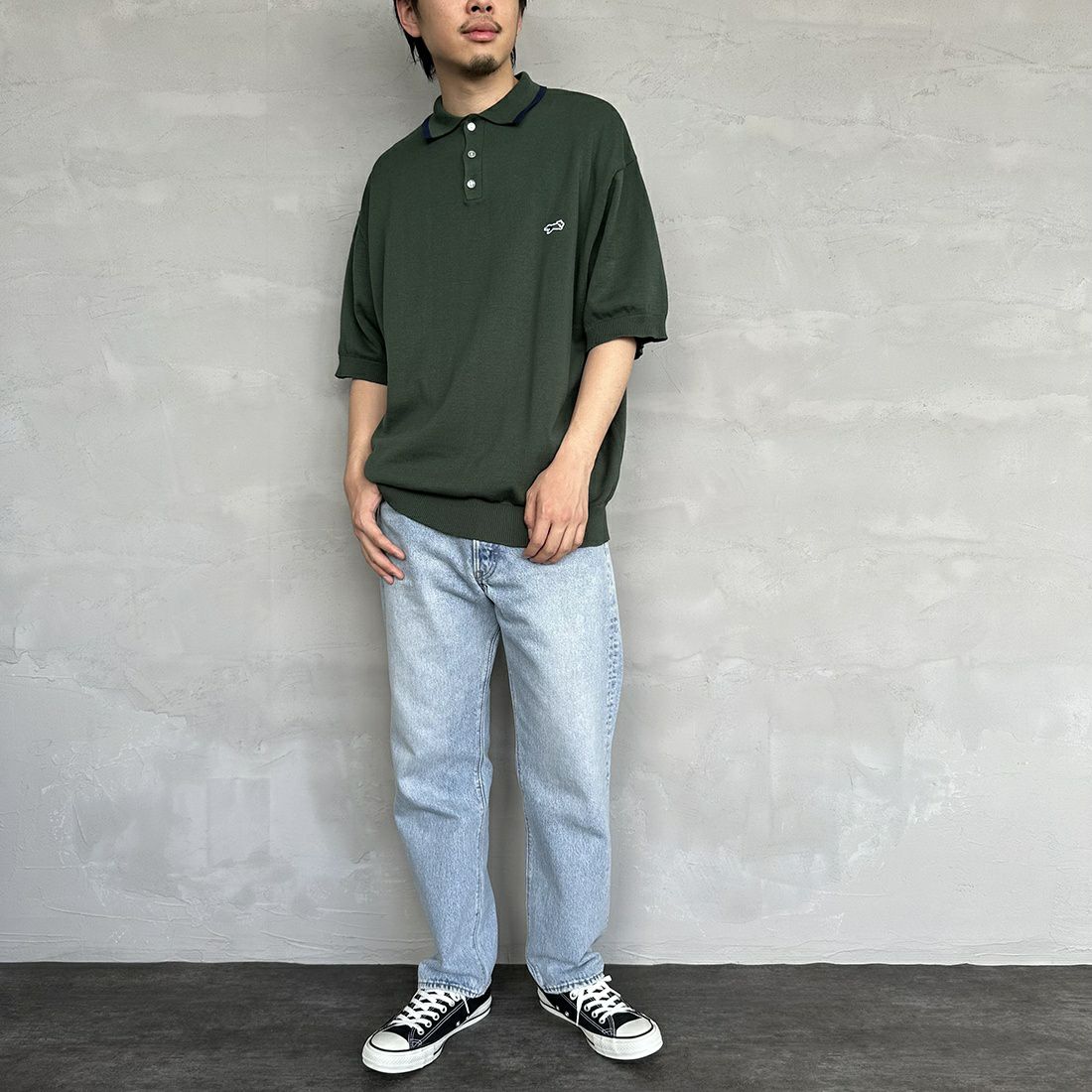 THE FOX [ザフォックス] 別注 ラインポロシャツ [PN23S014-JF] GREEN &&モデル身長：173cm 着用サイズ：L&&