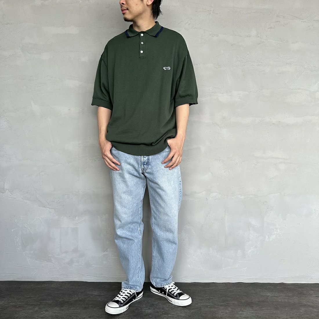 THE FOX [ザフォックス] 別注 ラインポロシャツ [PN23S014-JF] GREEN &&モデル身長：173cm 着用サイズ：L&&