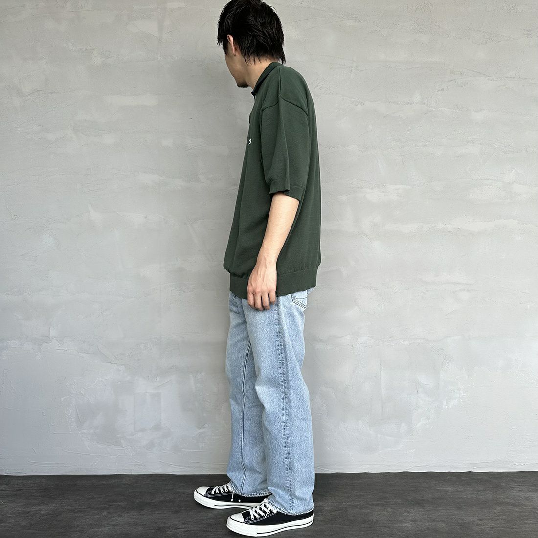 THE FOX [ザフォックス] 別注 ラインポロシャツ [PN23S014-JF] GREEN &&モデル身長：173cm 着用サイズ：L&&