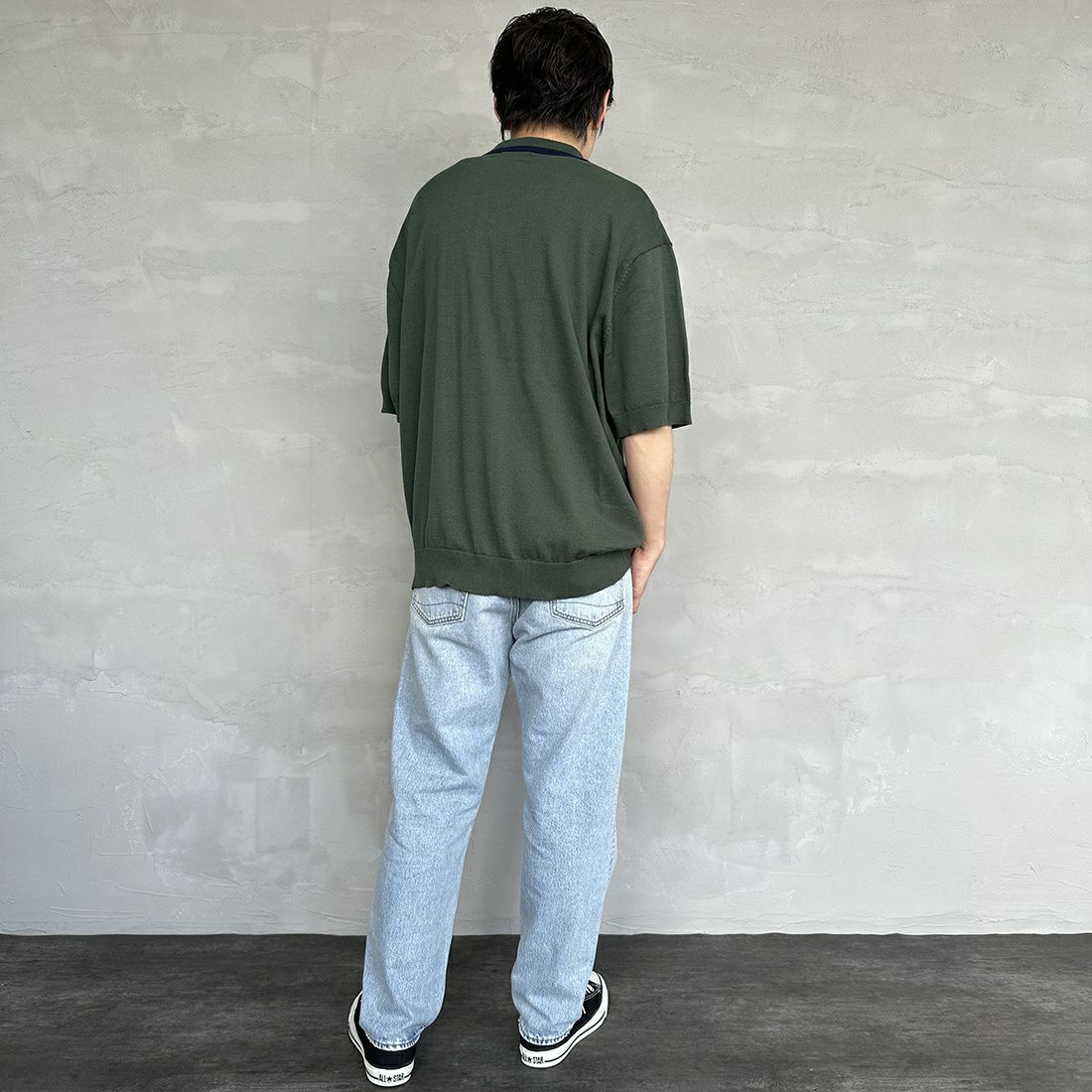 THE FOX [ザフォックス] 別注 ラインポロシャツ [PN23S014-JF] GREEN &&モデル身長：173cm 着用サイズ：L&&