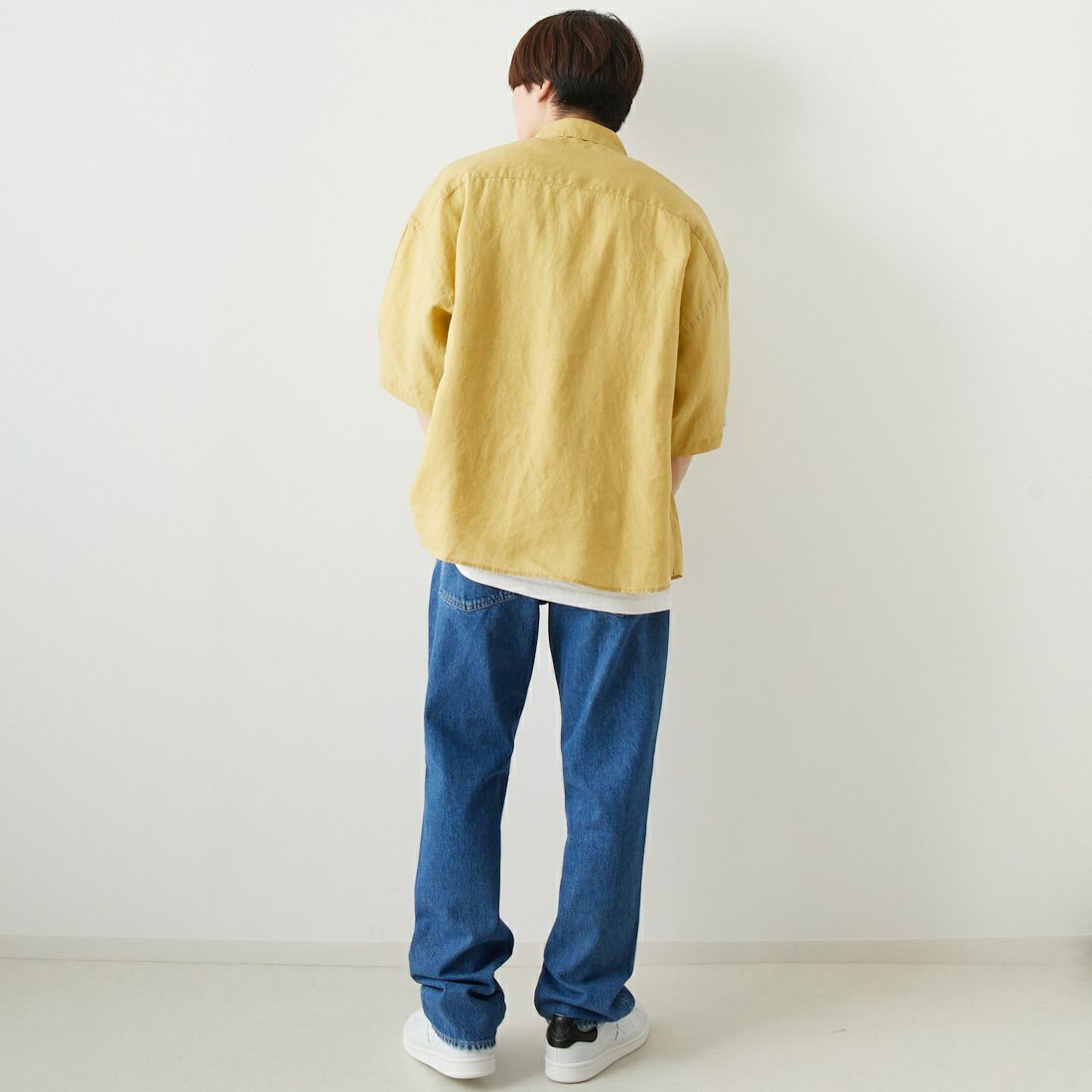Jeans Factory Clothes [ジーンズファクトリークローズ] フレンチリネンワイドレギュラーカラーシャツ [BFP514] 330 YELLOW &&モデル身長：169cm 着用サイズ：L&&