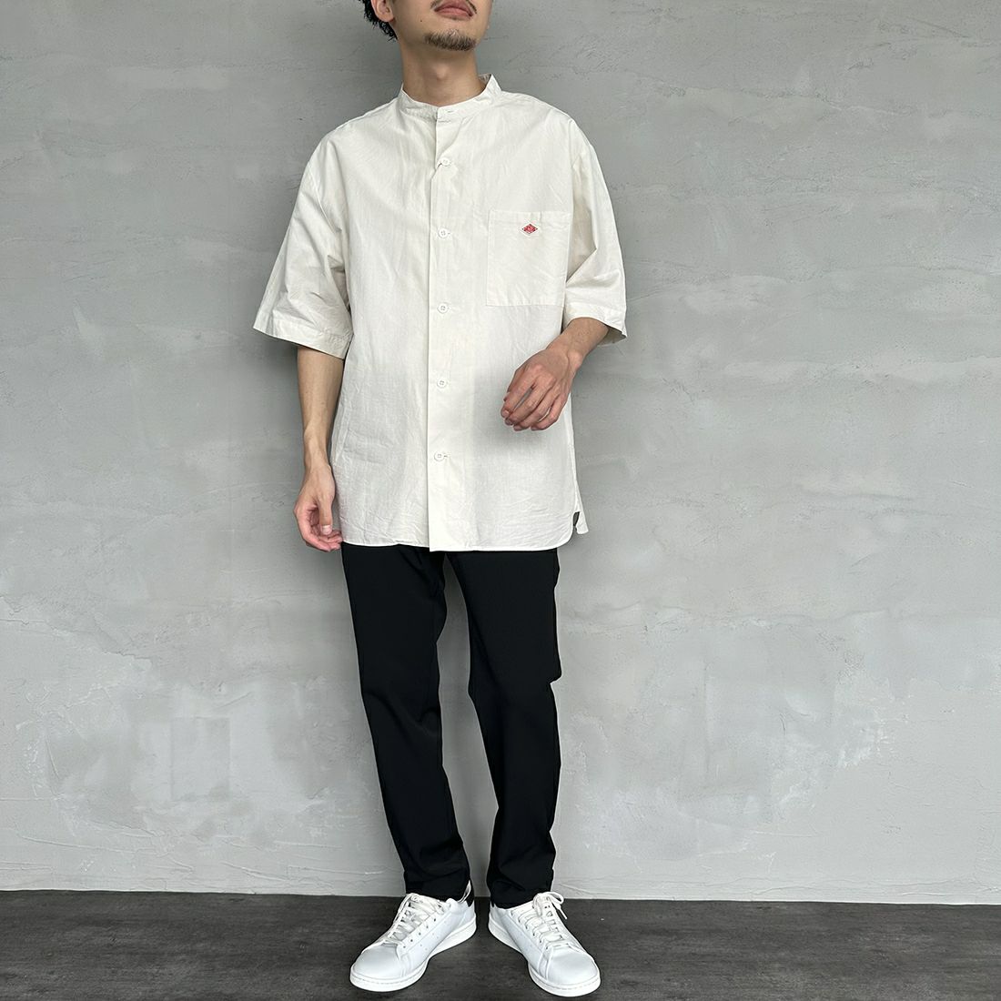 DANTON [ダントン] コットンリネン バンドカラーシャツ [JD-3788SCL] IVORY &&モデル身長：168cm 着用サイズ：40&&