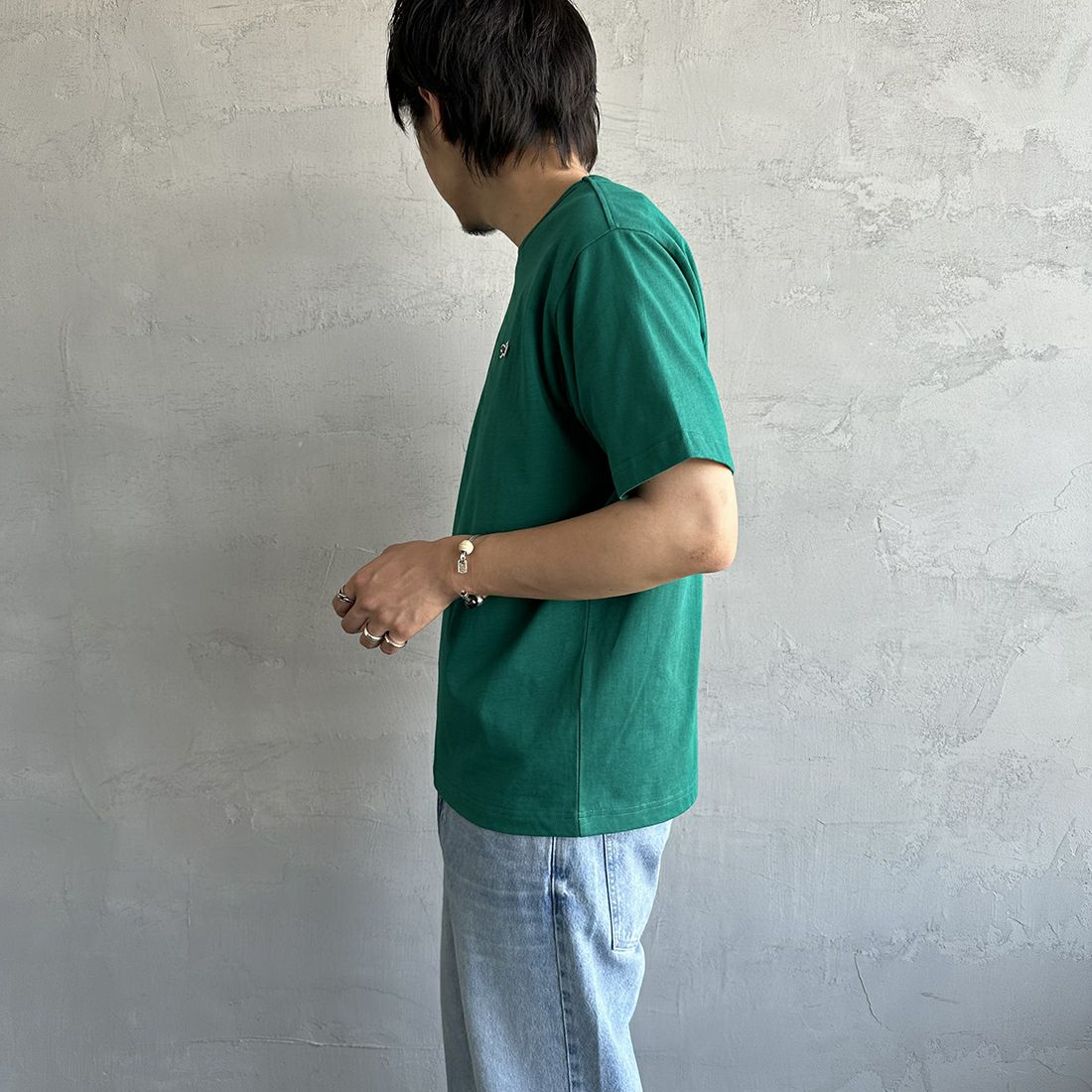 THE FOX [ザフォックス] 別注 ワンポイントロゴ ショートスリーブTシャツ [PN23S016-JF] GREEN &&モデル身長：173cm 着用サイズ：L&&