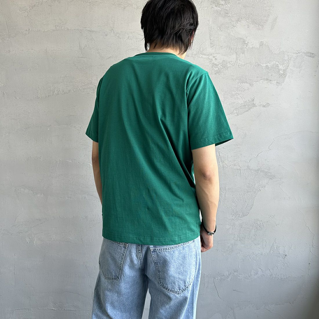 THE FOX [ザフォックス] 別注 ワンポイントロゴ ショートスリーブTシャツ [PN23S016-JF] GREEN &&モデル身長：173cm 着用サイズ：L&&