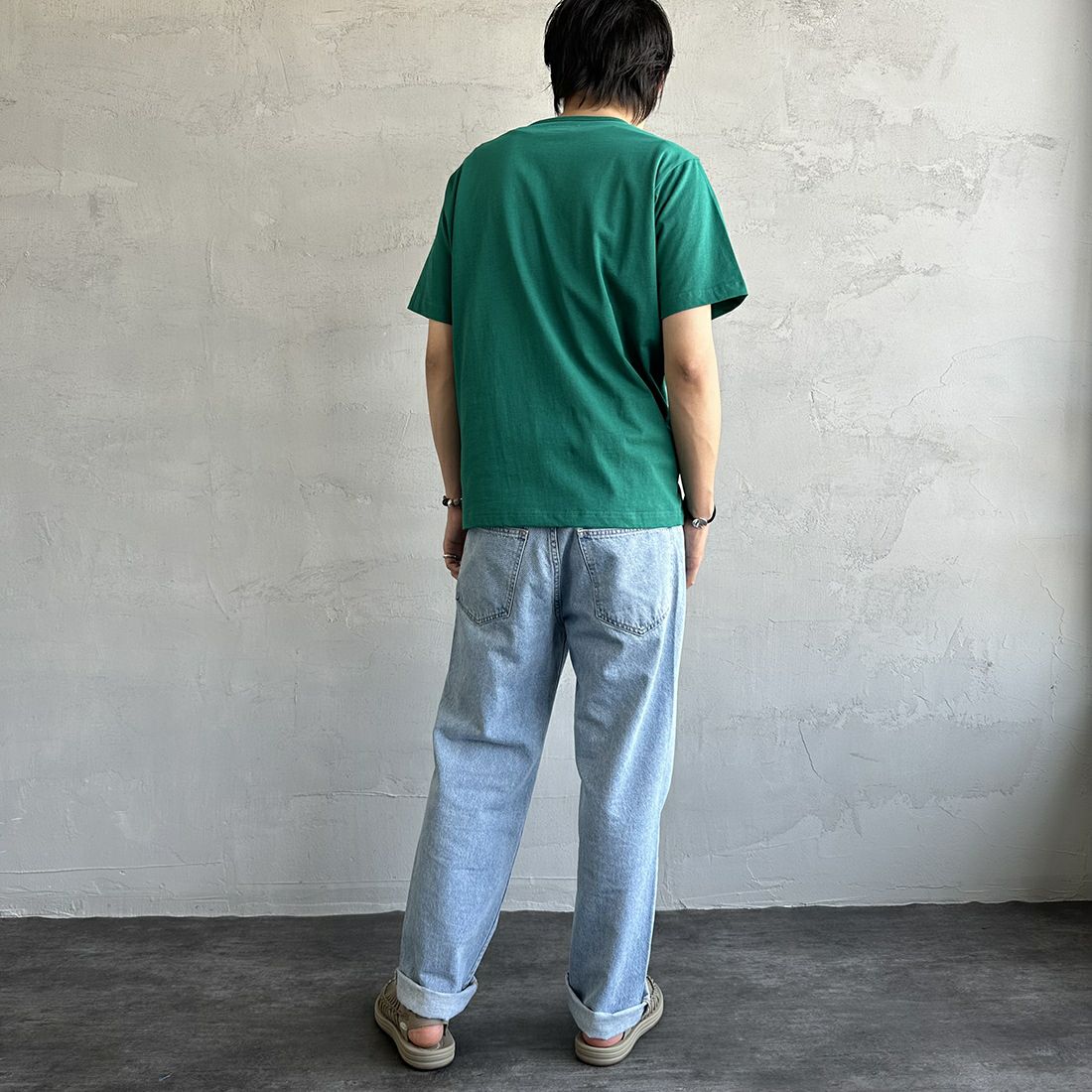 THE FOX [ザフォックス] 別注 ワンポイントロゴ ショートスリーブTシャツ [PN23S016-JF] GREEN &&モデル身長：173cm 着用サイズ：L&&