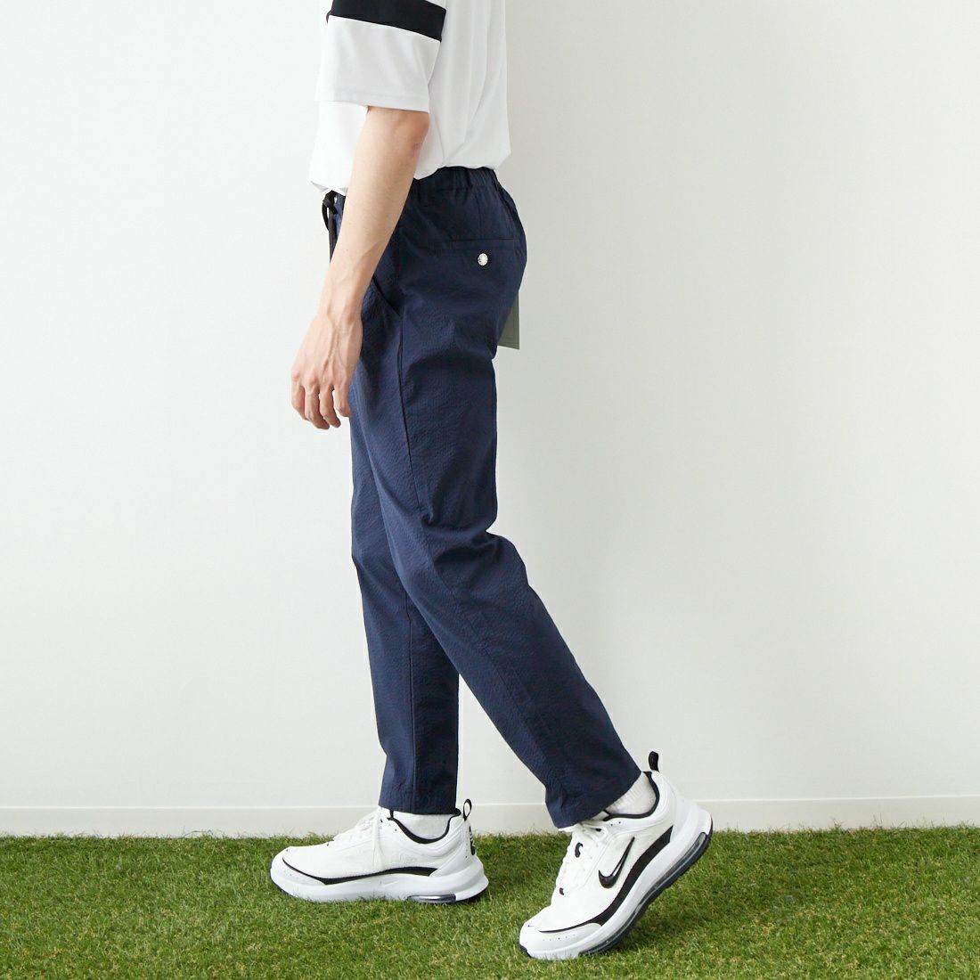 Jeans Factory Clothes [ジーンズファクトリークローズ] COOLMAX サッカーリラックスアンクルトラウザー [JFC-232-032] 02 NVY&&モデル身長：168cm 着用サイズ：M&&