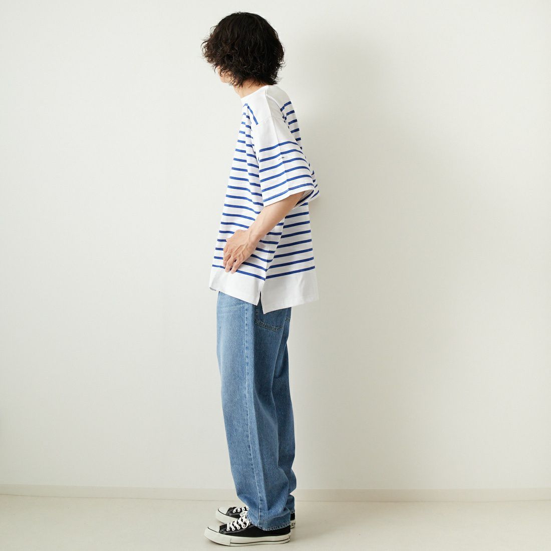 MONT KEMMEL [モンケメル] ショートスリーブバスクシャツ [MKL-000-231014] WHT/BLUE &&モデル身長：182cm 着用サイズ：42&&